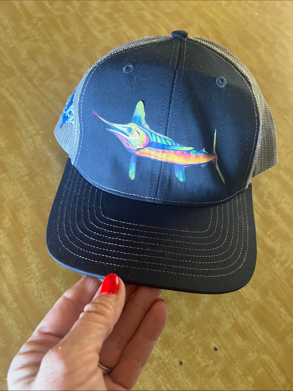 Men's Blue Trucker Hat with Multicolor Marlin Graphic